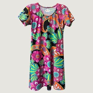 Spunkwear Colorful Floral Knit Mini Dress Short Sleeve Shift Womens XS Boho